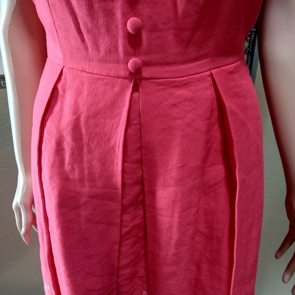 Ellen Tracy Fuschia Cap Sleeve Faux Button-Front Pleated Linen Midi Dress - Picture 3 of 7